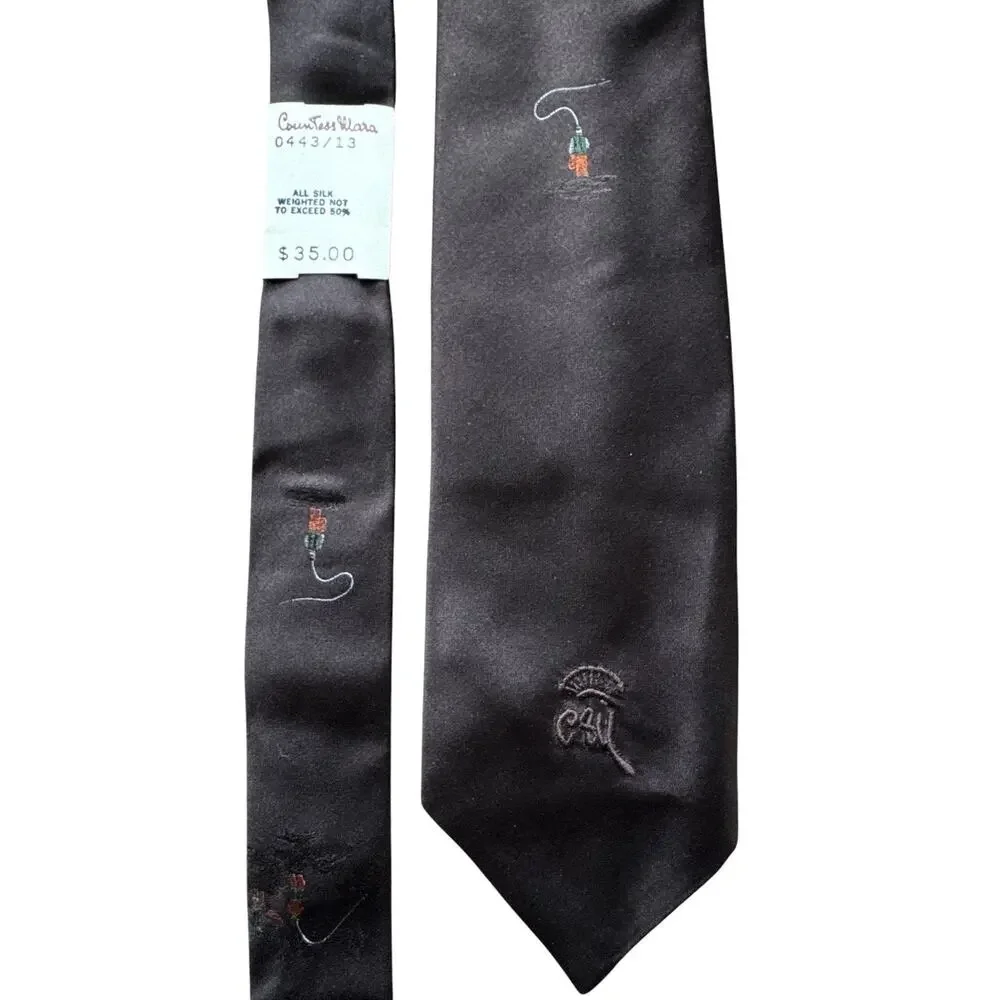 1950s Countess Mara Brown Silk Fisherman Novelty Tie Wide Necktie NWT
